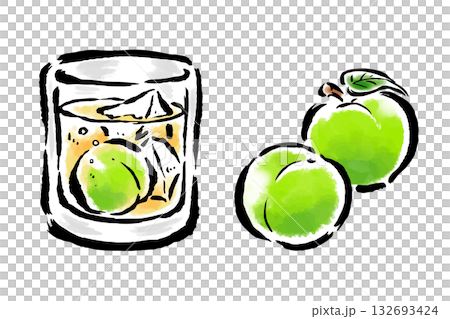 グラスに入った梅酒と梅の実　筆タッチ手描きイラスト 132693424