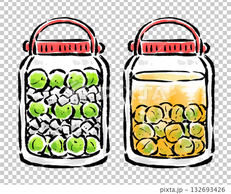 瓶で作る自家製梅酒　筆タッチ手描きイラスト 132693426