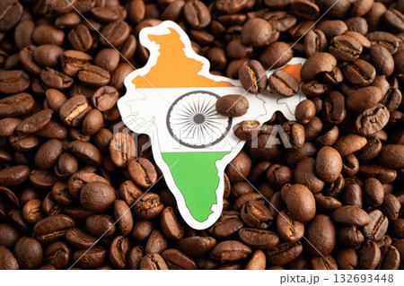 India flag on coffee beans, shopping online for export or import food product. India flag on coffee beans, shopping online for export or import food product. 132693448