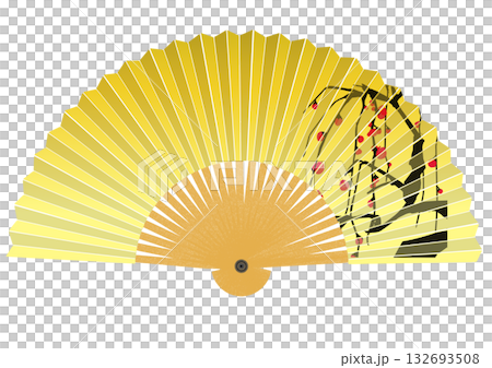 Golden fan with plum blossom pattern 132693508