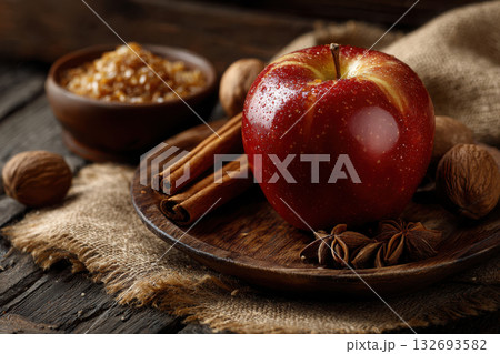 Red apple with spices and brown sugar on a rustic wooden table 132693582