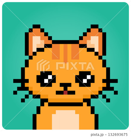 Pixel 8 bit cat head. Animal portrait for game assets in vector illustration. Pixel 8 bit cat head. Animal portrait for game assets in vector illustration. 132693675