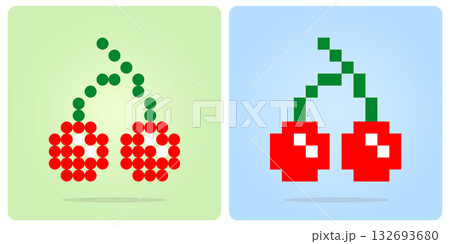 Pixel 8 bit cherry. Pixel fruits for game assets and bead patterns in vector illustrations. 132693680