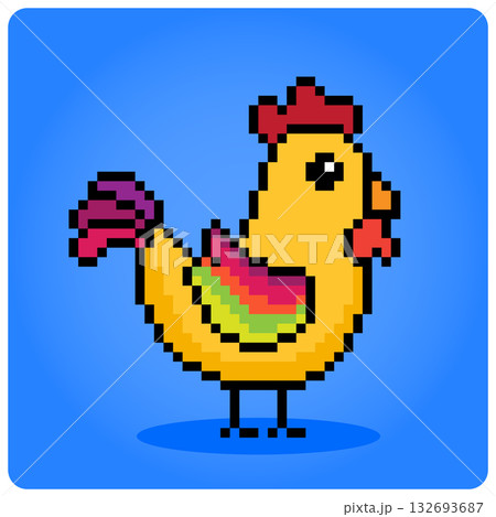 8 -bit Pixel colorful chicken. Animals for cross stitch in vector illustration. 132693687