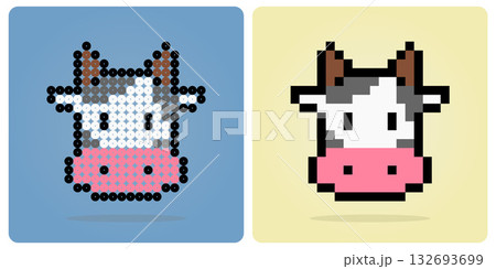 8 bit pixel head of a cow. Animals for game assets in vector illustrations. Beads Pattern of a Cow 132693699