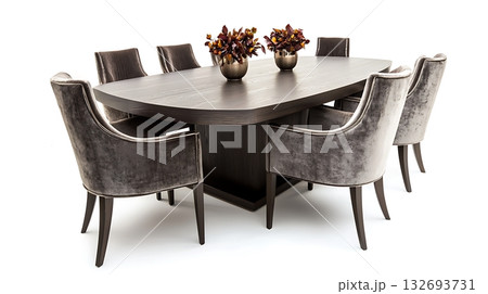 A large wooden dining table with a set of chairs around it A large wooden dining table with a set of chairs around it 132693731