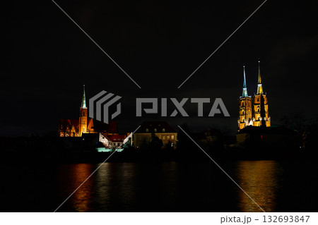 Wroclaw Cathedral and Church of the Holy Cross illuminated at night 132693847