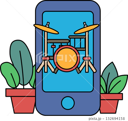 A cell phone with a drum and cymbals on it 132694158