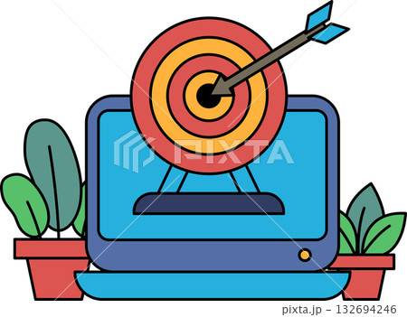 A computer monitor with a red bullseye and a black arrow pointing to it 132694246