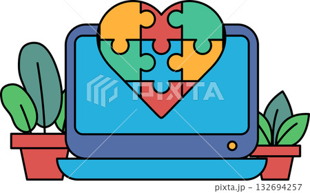 A computer monitor with a heart made of puzzle pieces 132694257