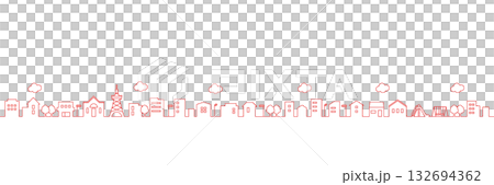 Line drawing cityscape - simple red line drawing wide silhouette illustration Line drawing cityscape - simple red line drawing wide silhouette illustration 132694362