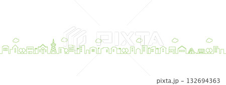 線画の街並み – シンプルな緑の線画のワイドなシルエットイラスト 132694363