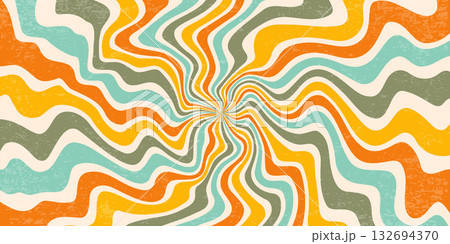 Retro radial background with pattern of groovy spiral wavy rays. Psychedelic summer bg. 70s abstract striped poster. Funky sunburst backdrop. Vector illustration Retro radial background with pattern of groovy spiral wavy rays. Psychedelic summer bg. 70s abstract striped poster. Funky sunburst backdrop. Vector illustration 132694370