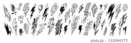 Black doodle thunderbolts. Hand drawn electric lightning symbols, decorative cartoon flashes, sketch monochrome icons, logotype or emblem design, garish vector isolated pictograms set Black doodle thunderbolts. Hand drawn electric lightning symbols, decorative cartoon flashes, sketch monochrome icons, logotype or emblem design, garish vector isolated pictograms set 132694375