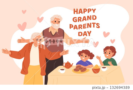 Happy grandparents day poster. Grandfather and grandmother drinking tea with cute children, funny family poster, relatives, grandchildren cartoon flat style isolated garish vector concept 132694389