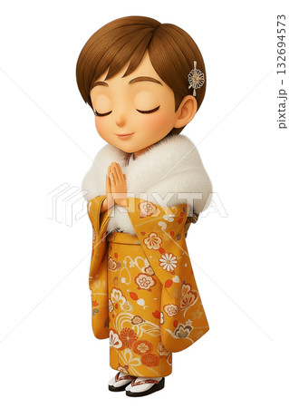 白いファーショールを着て合掌する振袖姿の3Dちびキャラ女性 白いファーショールを着て合掌する振袖姿の3Dちびキャラ女性 132694573