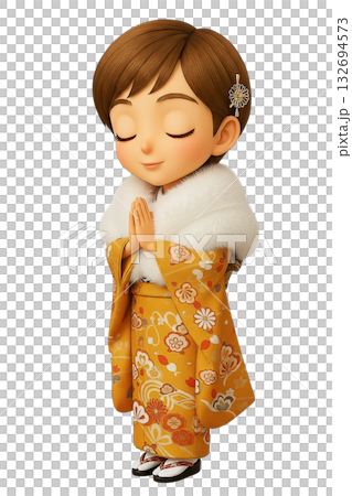 白いファーショールを着て合掌する振袖姿の3Dちびキャラ女性 白いファーショールを着て合掌する振袖姿の3Dちびキャラ女性 132694573