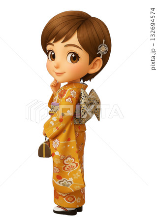 バッグを持って振り返る振袖姿の3Dちびキャラ女性 バッグを持って振り返る振袖姿の3Dちびキャラ女性 132694574