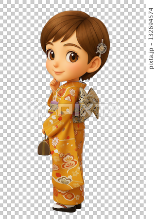 バッグを持って振り返る振袖姿の3Dちびキャラ女性 バッグを持って振り返る振袖姿の3Dちびキャラ女性 132694574