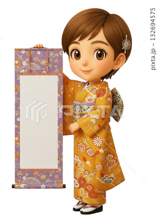 装飾的な掛け軸を持つ振袖姿の3Dちびキャラ女性 132694575