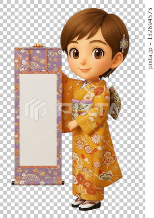 装飾的な掛け軸を持つ振袖姿の3Dちびキャラ女性 132694575