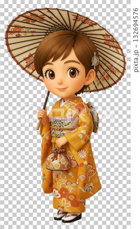 身穿振袖和服的3D Q版女性,手持花卉圖案的日式雨傘和束口袋 身穿振袖和服的3D Q版女性,手持花卉圖案的日式雨傘和束口袋 132694576