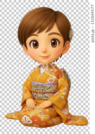 身著振袖的3D Q版女性角色,坐姿直立 身著振袖的3D Q版女性角色,坐姿直立 132694577