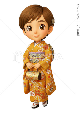 巾着バッグを持って歩く振袖姿の3Dちびキャラ女性 巾着バッグを持って歩く振袖姿の3Dちびキャラ女性 132694605
