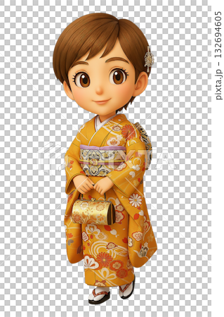 巾着バッグを持って歩く振袖姿の3Dちびキャラ女性 巾着バッグを持って歩く振袖姿の3Dちびキャラ女性 132694605