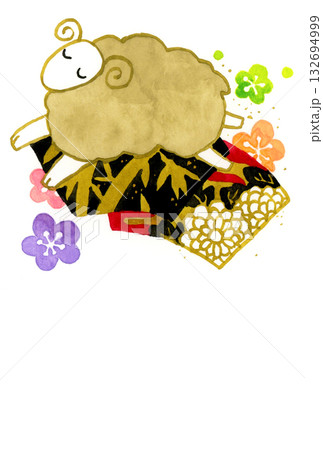 2027年・令和9年　和風かわいい未年年賀状素材（手描き水彩イラスト） 132694999