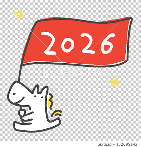 可愛的白馬奔跑著，帶著2026新年旗幟，手寫體文字 132695142