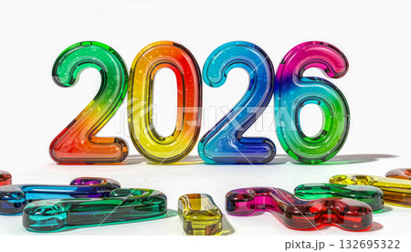 A 3D rendering of the number 2026 in vibrant, colorful rainbow glass, isolated on a white background. 132695322