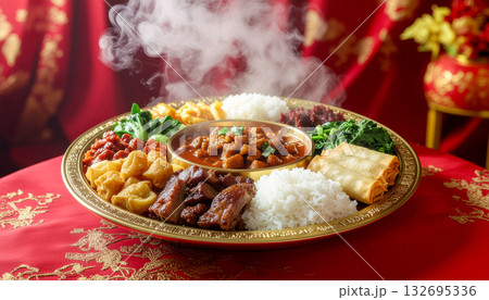 赤いテーブルクロスに並ぶ中華料理の盛り合わせ generative ai 赤いテーブルクロスに並ぶ中華料理の盛り合わせ generative ai 132695336