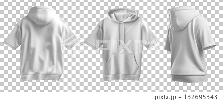 Set of white front back side view tee short sleeve hoodie hoody sweatshirt on transparent background cutout, PNG file. Mockup template 132695343
