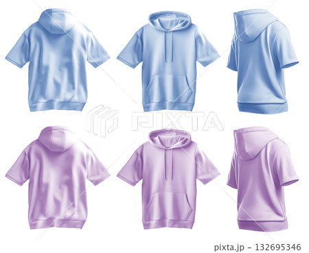 2 Set of pastel blue purple violet front back side view tee short sleeve hoodie hoody sweatshirt on transparent background cutout, PNG file. Mockup template for artwork 132695346