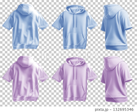 2 Set of pastel blue purple violet front back side view tee short sleeve hoodie hoody sweatshirt on transparent background cutout, PNG file. Mockup template for artwork 132695346