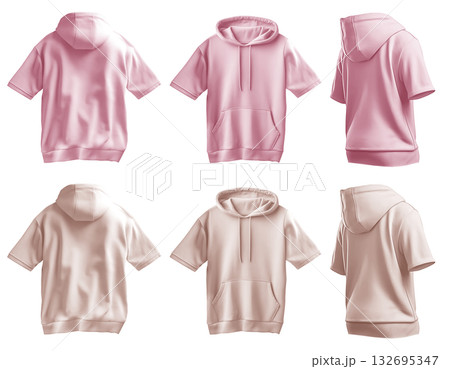 2 Set of pastel pink beige front back side view tee short sleeve hoodie hoody sweatshirt on transparent background cutout, PNG file. Mockup template for artwork 132695347