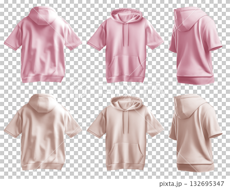 2 Set of pastel pink beige front back side view tee short sleeve hoodie hoody sweatshirt on transparent background cutout, PNG file. Mockup template for artwork 132695347