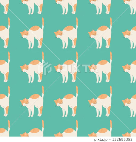 緑色の背景　伸びをする猫のかわいいシームレスパターン　イラスト 132695382