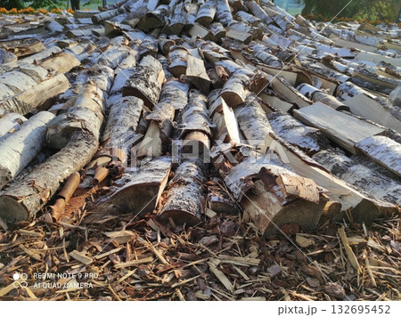 Stacked logs of birch wood with textured bark and cut surfaces, arranged in a natural outdoor setting, showcasing the beauty of timber and organic materials Stacked logs of birch wood with textured bark and cut surfaces, arranged in a natural outdoor setting, showcasing the beauty of timber and organic materials 132695452