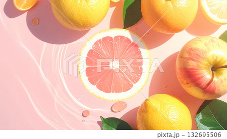 Aesthetic, modern lifestyle theme, minimal pastel fruit flat lay under soft light 132695506