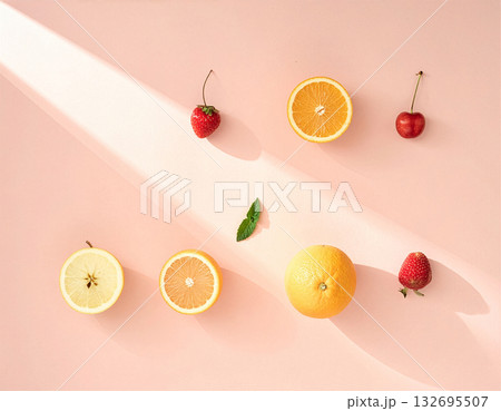 Minimal pastel fruit flat lay, soft light, aesthetic look, Modern lifestyle theme 132695507