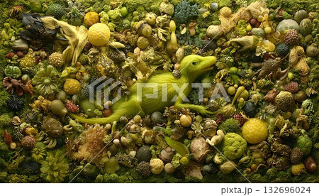 Surreal Still Life: Chartreuse Furred Creature Amidst Botanical 132696024