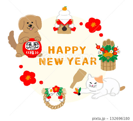 お正月の犬と猫のイラスト お正月の犬と猫のイラスト 132696180
