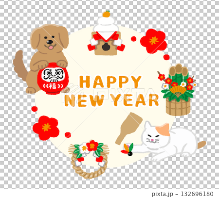 お正月の犬と猫のイラスト お正月の犬と猫のイラスト 132696180