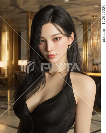 Young Asian woman in a stylish black outfit poses confidently in an elegant hotel lobby, with modern decor and soft lighting 132696320