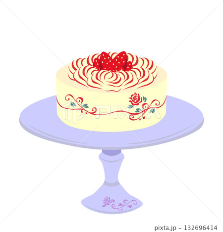 薔薇がデザインされたイチゴのワンホールケーキとケーキスタンドのイラスト 薔薇がデザインされたイチゴのワンホールケーキとケーキスタンドのイラスト 132696414