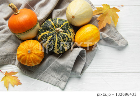 Pumpkins and gourds displaying autumn harvest season 132696433