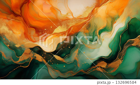 オレンジ、グリーン、ゴールドの抽象的な背景 132696584
