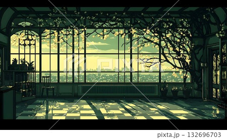 Pixelated Interior with Blossoming Tree and City Skyline View 132696703